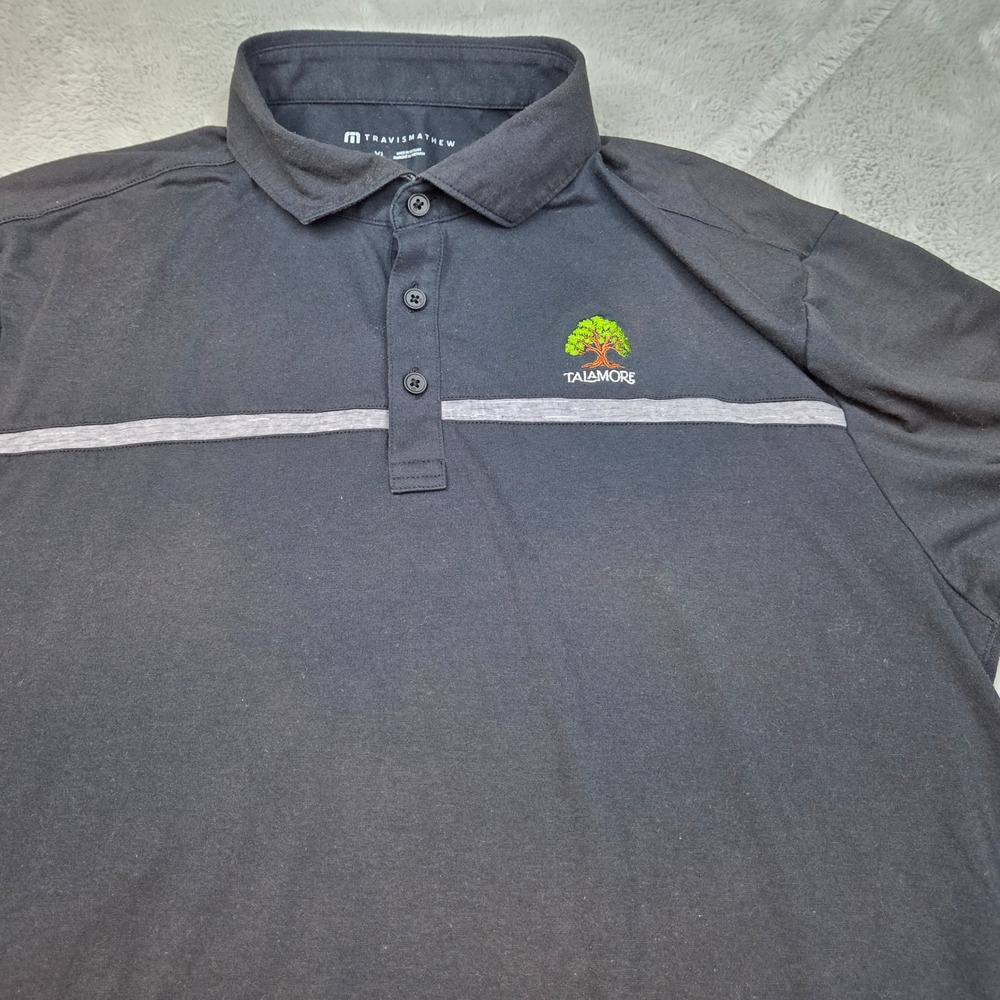 Travis Mathew Polo Shirt Mens XL Black Talamore Golf Stripe Short Sleeve Logo